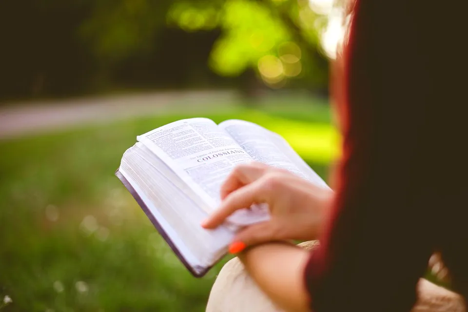 Young woman reading an open Bible outdoors, representing women who faithfully follow Scripture