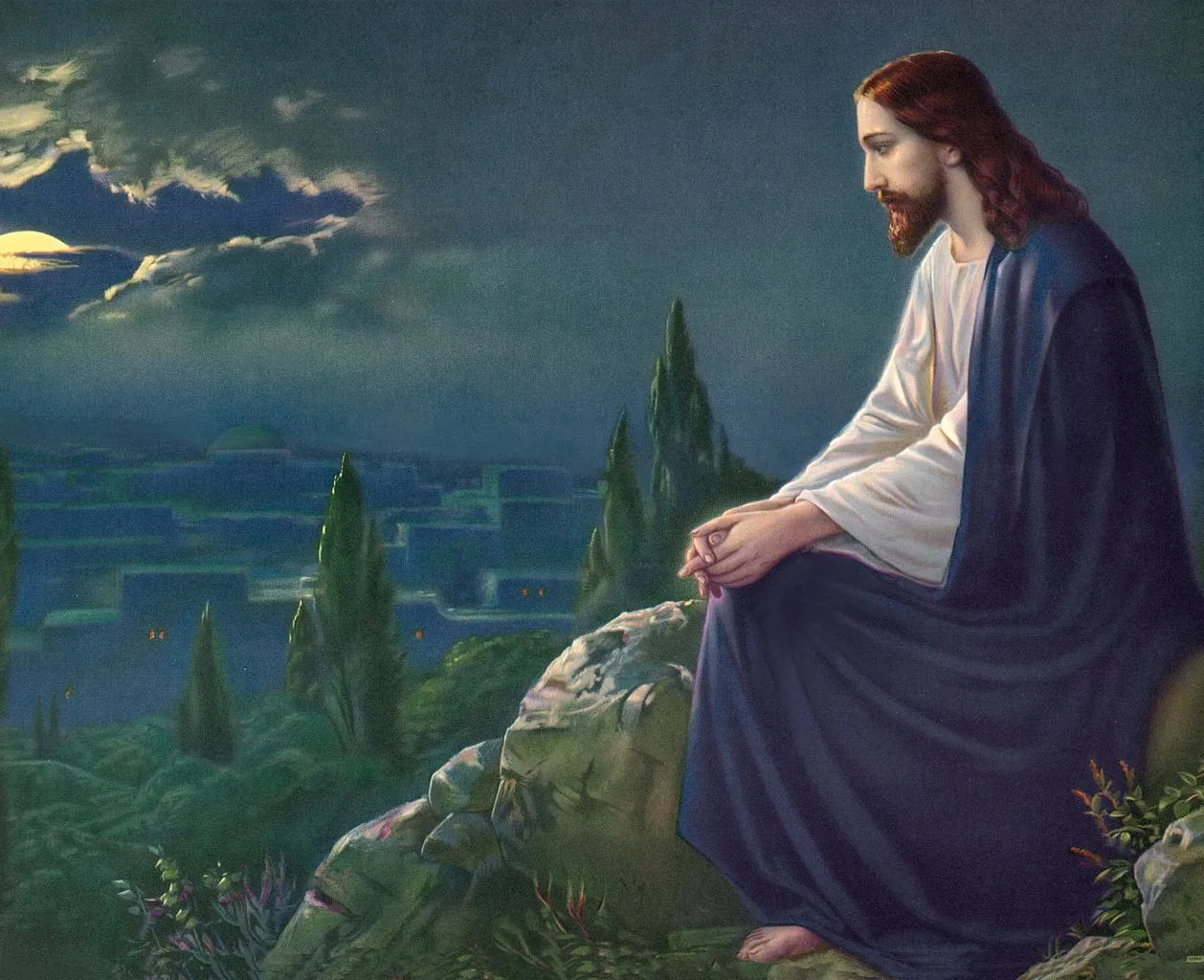 Painting of Jesus praying alone on the Mount of Olives, trusting the Father before the cross