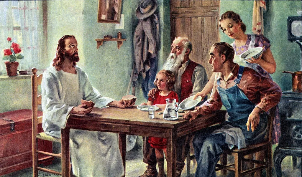 Painting of Jesus at a family's dinner table, recalling the biblical call to welcome the stranger
