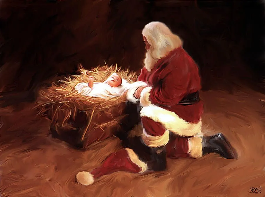 Painting of Santa Claus kneeling in worship before baby Jesus in the manger