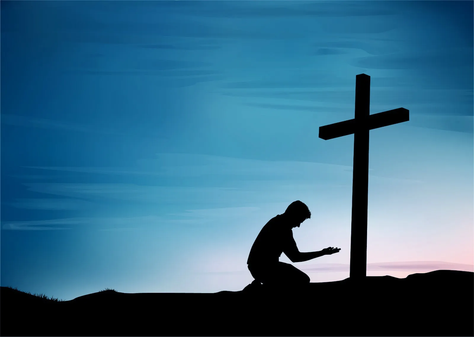 A worshipper kneeling before a cross at sunrise